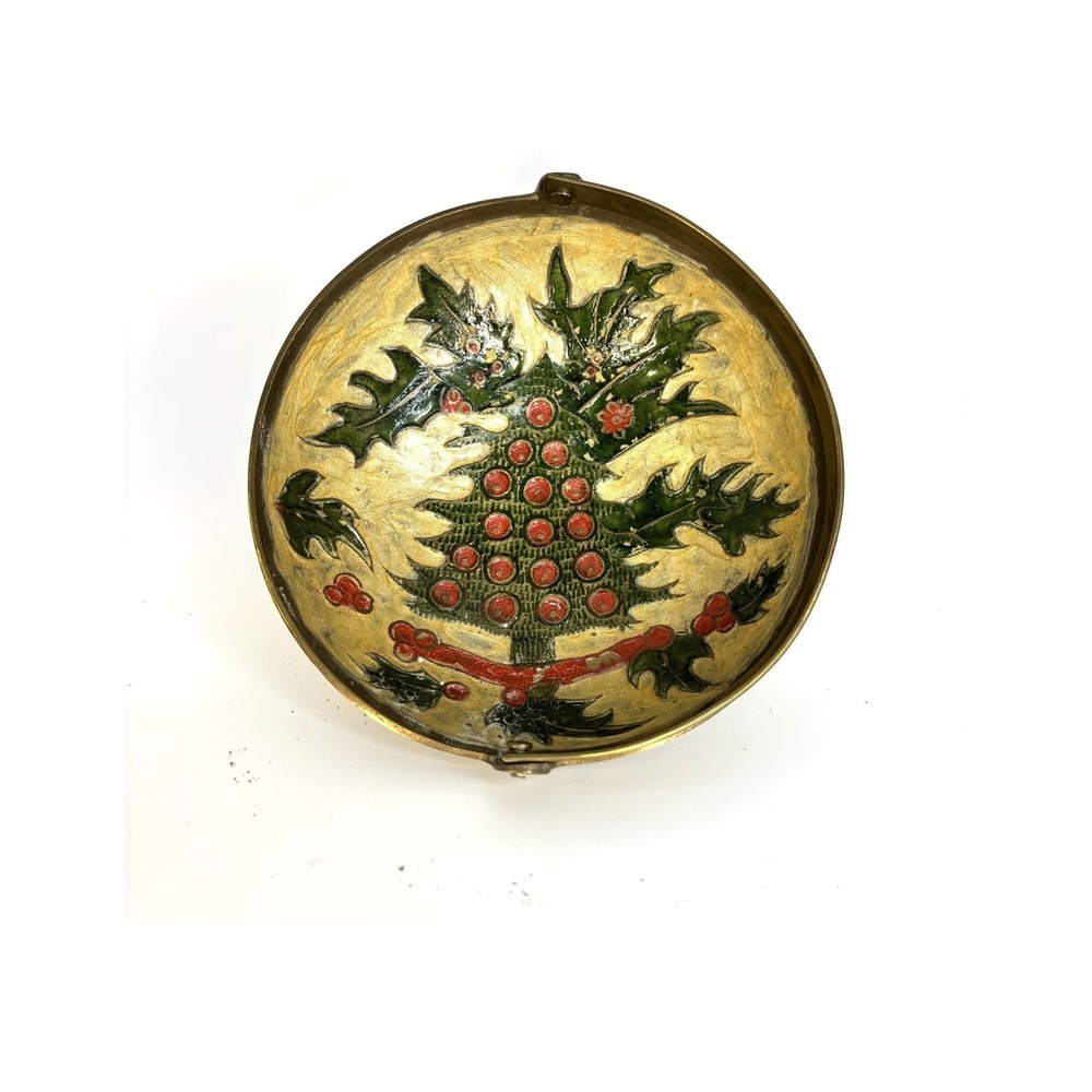 Enamel VTG Cloisonne Christmas Tree Holly Brass Trinket Bowl Candy Dish 5"